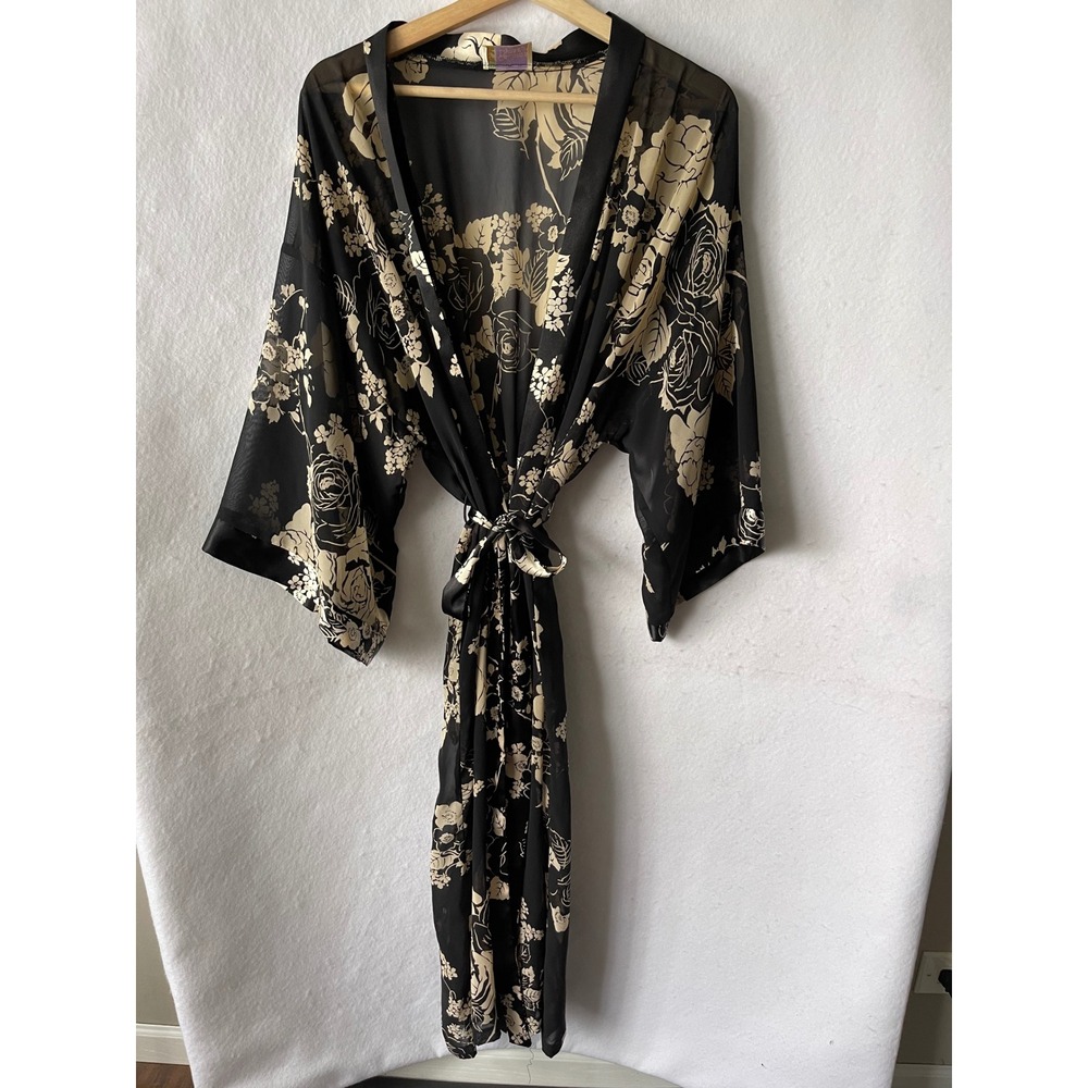 California Dynasty Sheer Floral Robe Black Cream Kimono Wrap Long Loungewear L
